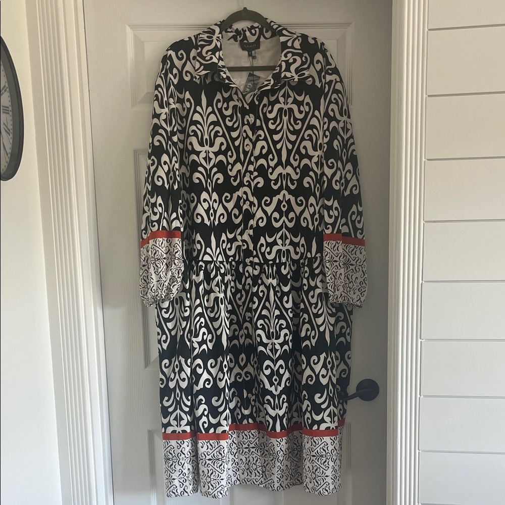 Gracia Black and White Long Sleeve Dress with Orange Accents